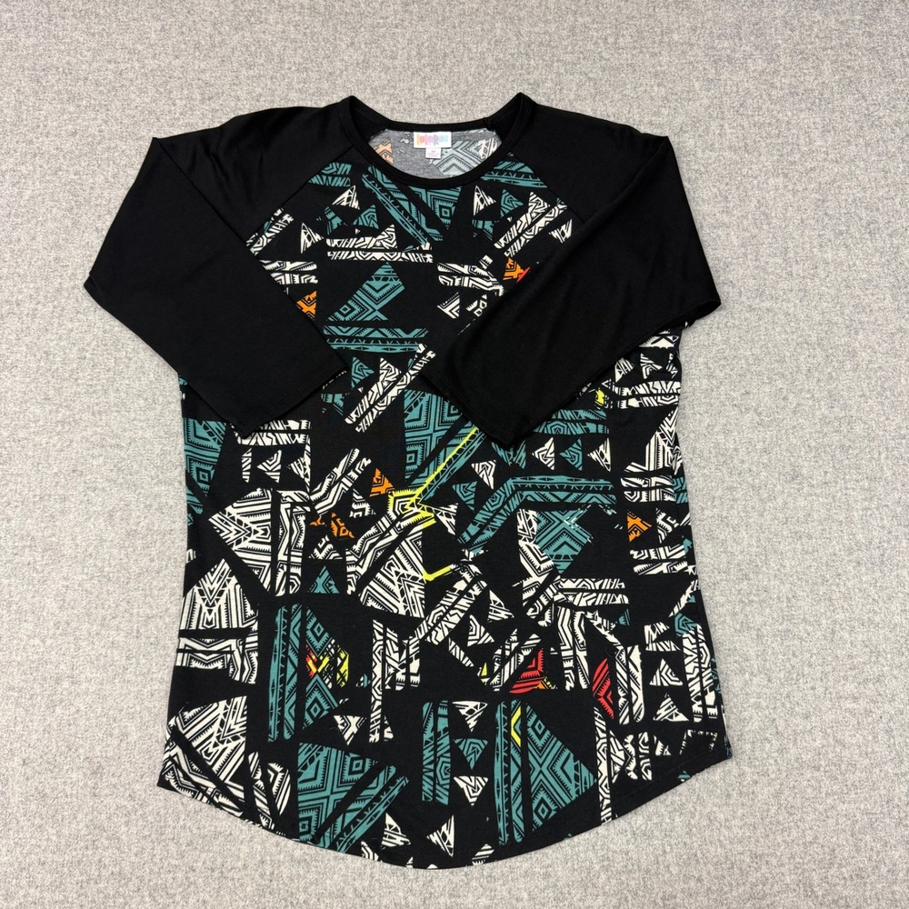 LuLaRoe Randy Raglan Shirt Medium M Black Teal Aztec Geometric 3/4 Sleeve Top